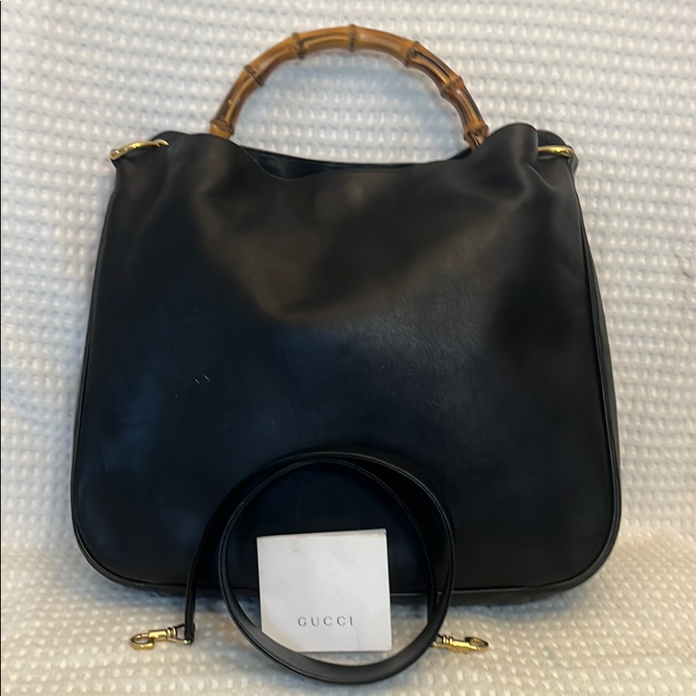 Gucci Black Leather Shoulder Bag with Bamboo Top Handle and Gold Hardware - Picture 16 of 16